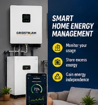 GridStorm smart home energy campaign showing inverter and battery backup equipment