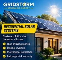 GridStorm residential solar campaign showing rooftop panels and system options