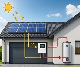 Illustration of a rooftop solar thermal collector connected to a hot-water tank